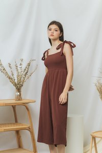 Fiona Smocked Self Tie Jumpsuit in Brown (XS)