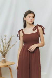Fiona Smocked Self Tie Jumpsuit in Brown (XS)