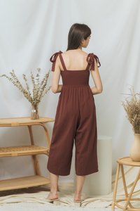 Fiona Smocked Self Tie Jumpsuit in Brown (XS)