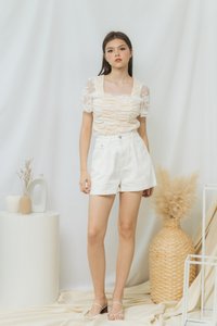 Kody Ruched Floral Laced Top in White