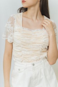 Kody Ruched Floral Laced Top in White
