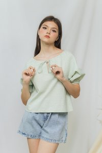 Dorothy Checkered Drawstring Top in Green (XS)