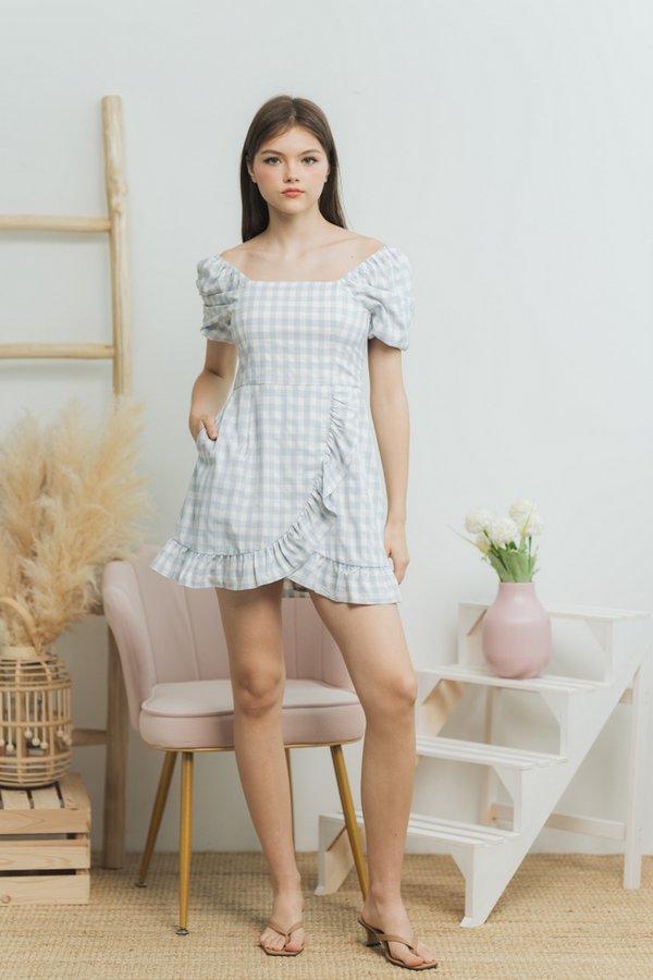 Suzy Gingham Signature Ruffles Romper Dress in Blue (XS)