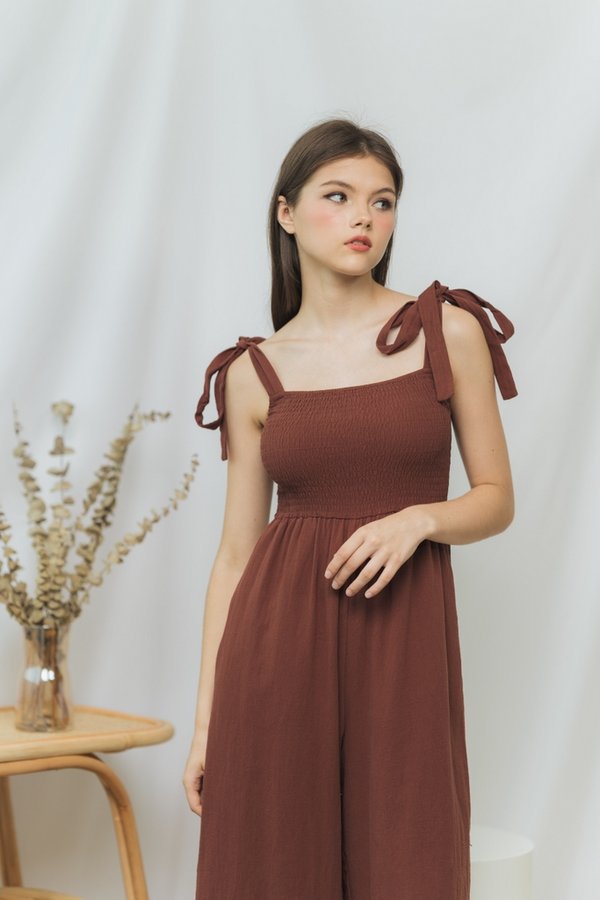 Fiona Smocked Self Tie Jumpsuit in Brown (XS)