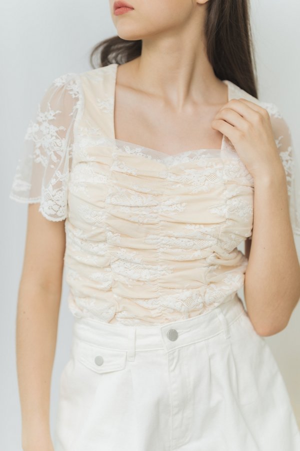 Kody Ruched Floral Laced Top in White