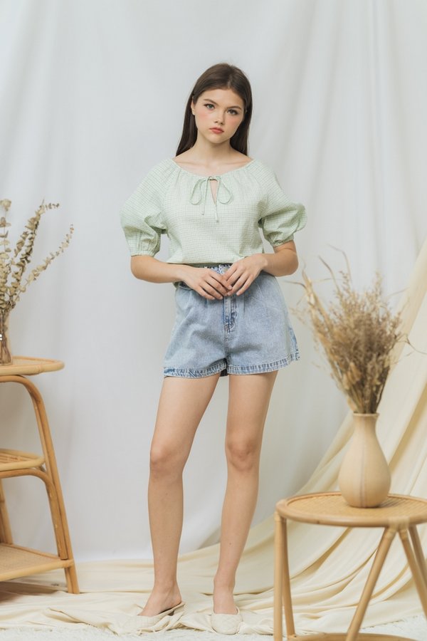 Dorothy Checkered Drawstring Top in Green (XS)