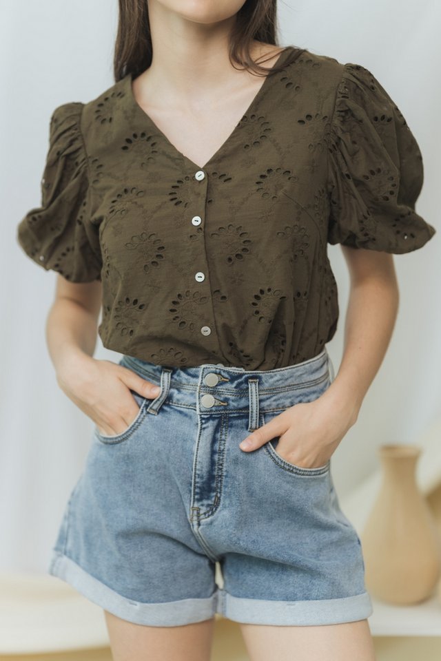 Ruby Floral Eyelet Button Top in Olive