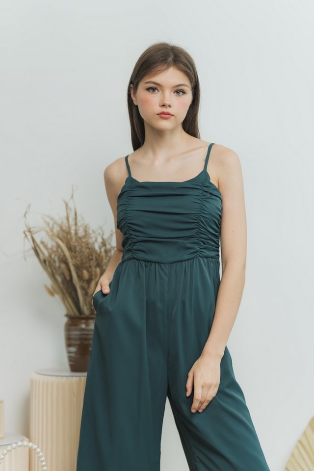 Kaylene Ruched Jumpsuit in Emerald Green