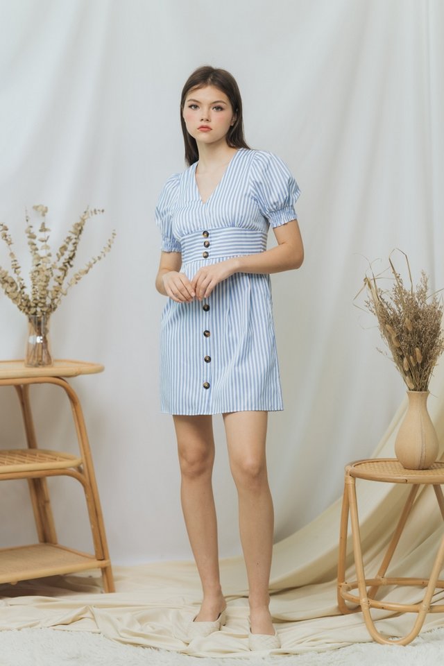 Sarah Striped Button Dress in Blue (XS)
