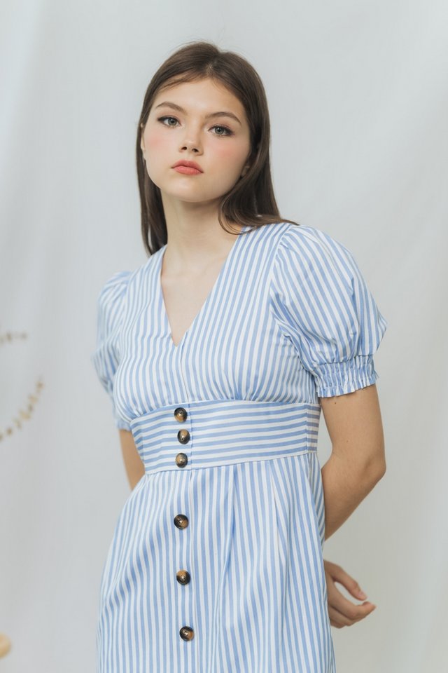 Sarah Striped Button Dress in Blue