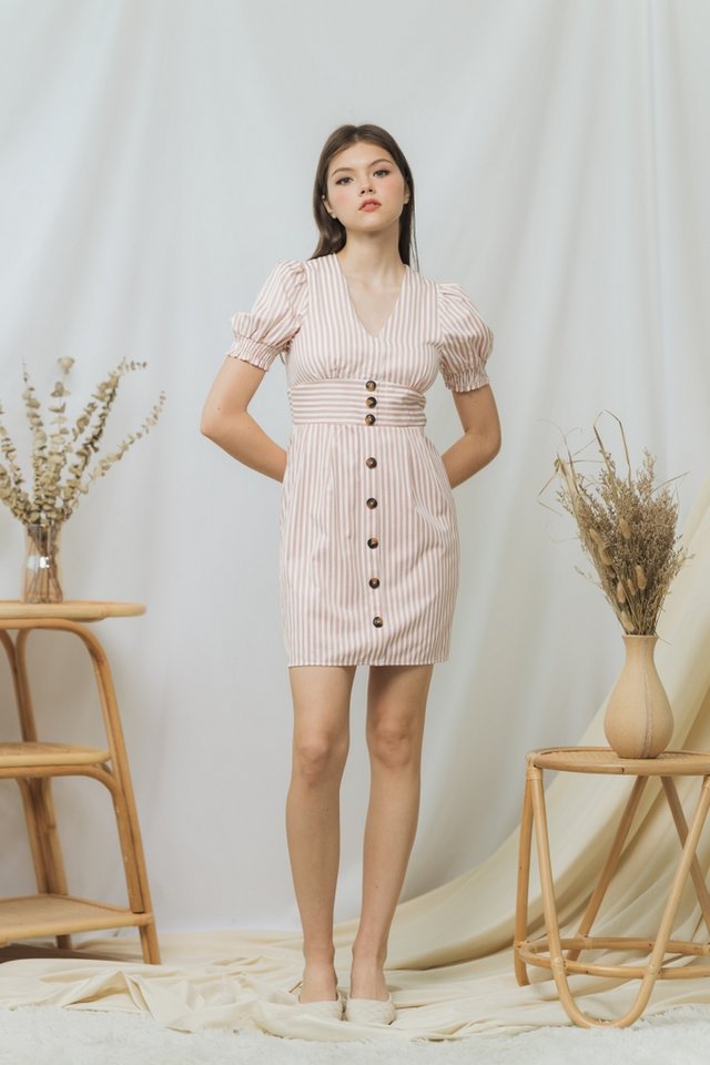 Sarah Striped Button Dress in Pink