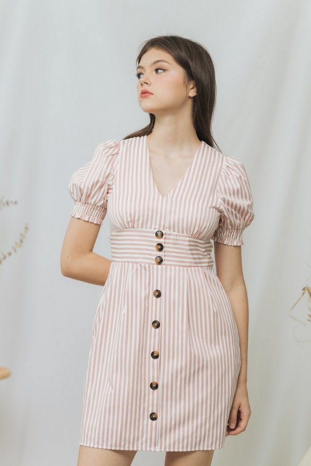 Sarah Striped Button Dress in Pink