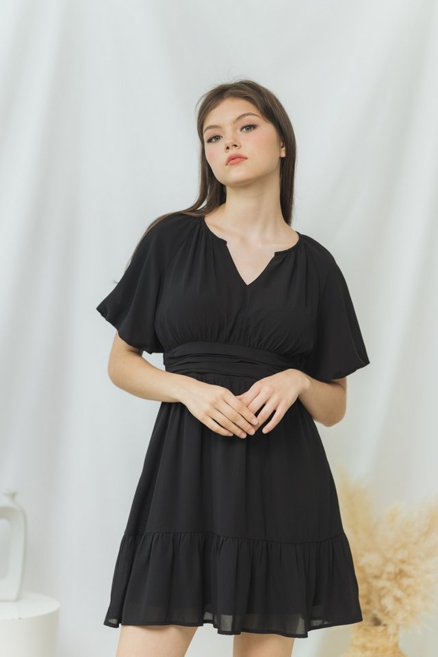 Tiffany V-Neck Ruched Dress in Black (S)