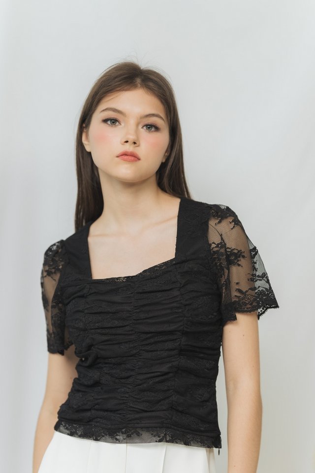 Kody Ruched Floral Laced Top in Black