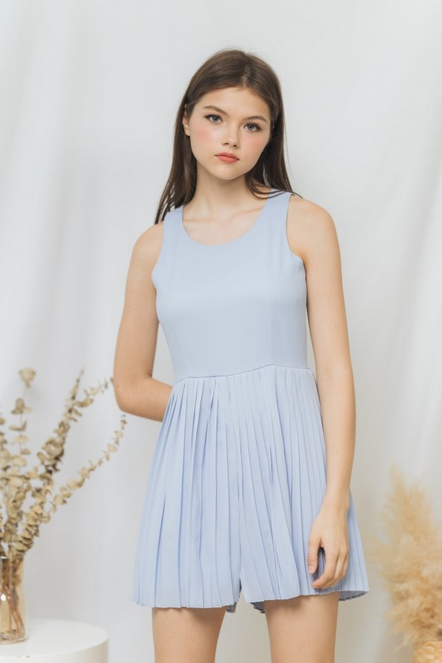 Lavonna Pleated Dress Romper in Baby Blue