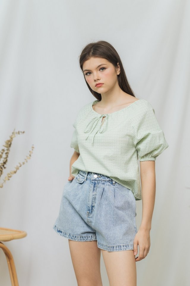 Dorothy Checkered Drawstring Top in Green