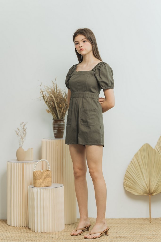 Jane Two Way Denim Romper in Olive (XS)