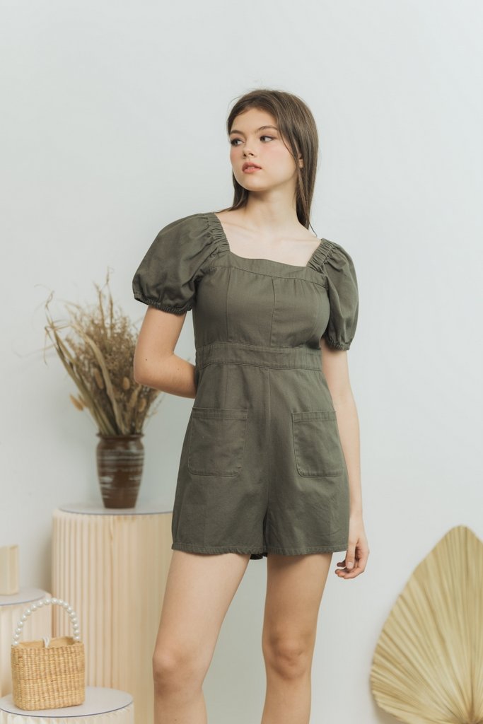 Jane Two Way Denim Romper in Olive (XS)