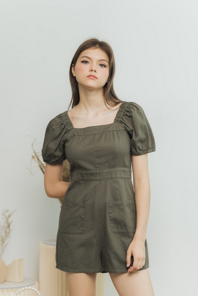 Jane Two Way Denim Romper in Olive (XS)