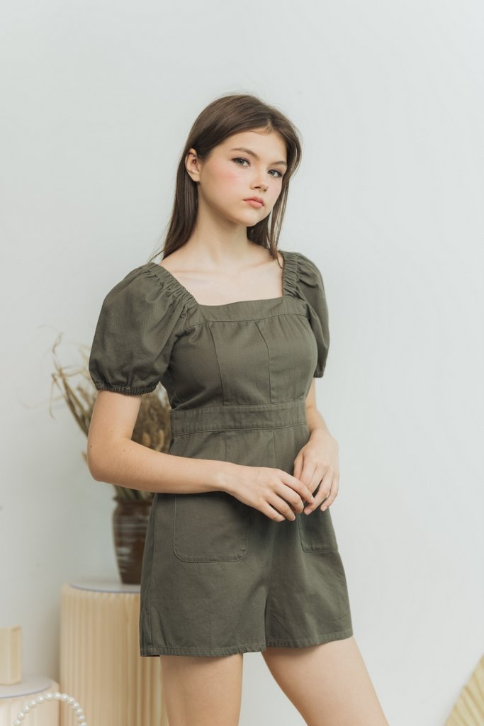 Jane Two Way Denim Romper in Olive (XS)