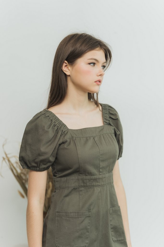 Jane Two Way Denim Romper in Olive (XS)