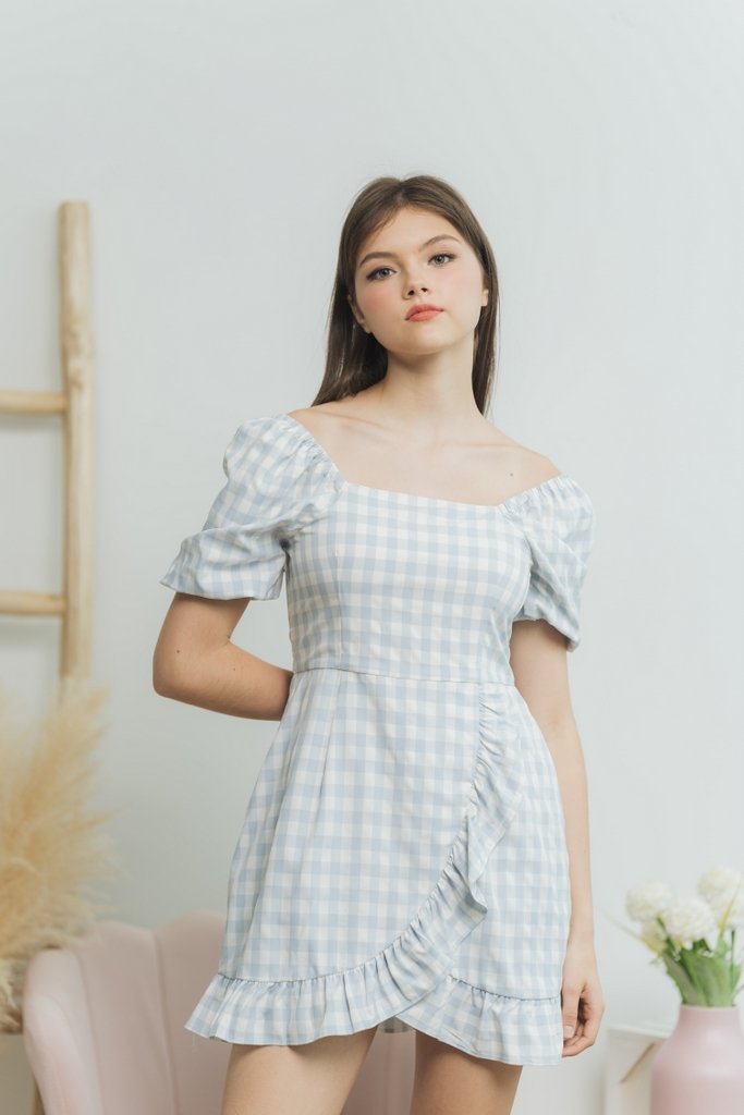 Suzy Gingham Signature Ruffles Romper Dress in Blue (XS)