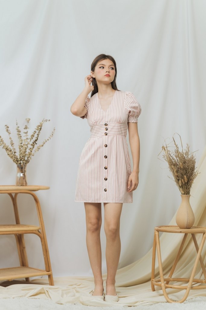 Sarah Striped Button Dress in Pink (XS)