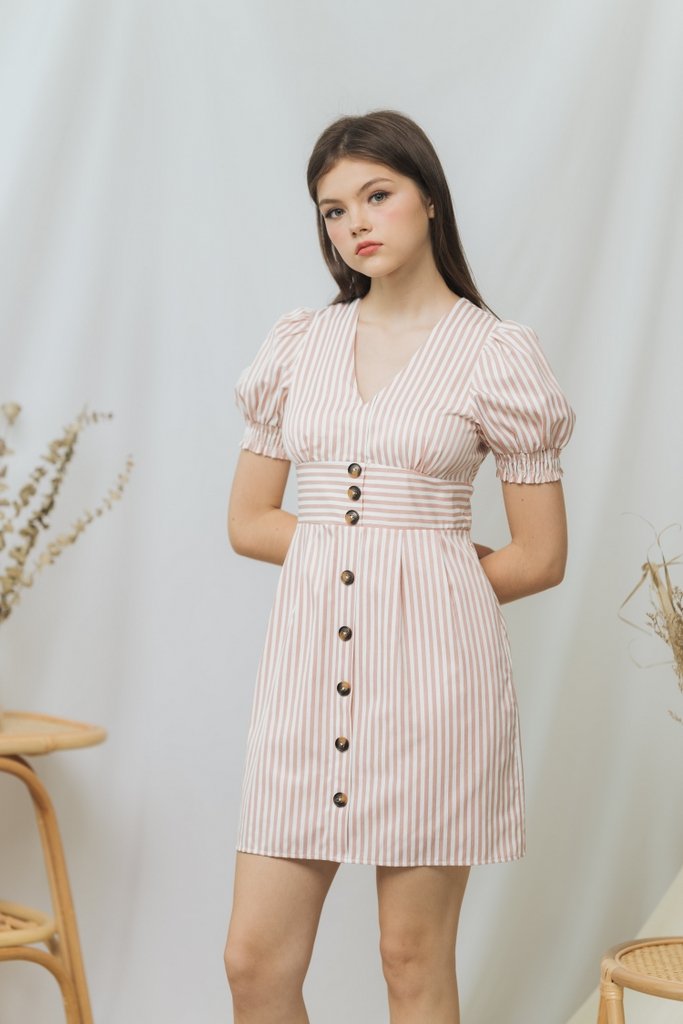 Sarah Striped Button Dress in Pink (XS)