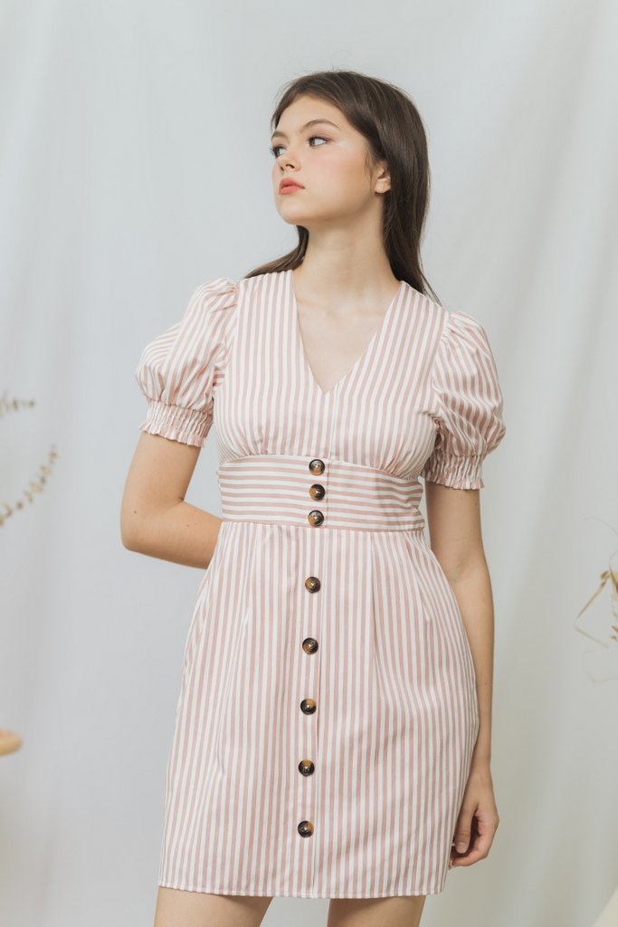 Sarah Striped Button Dress in Pink (XS)