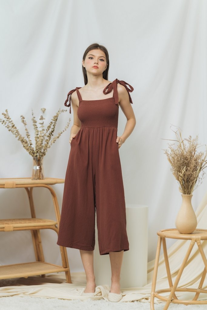 Fiona Smocked Self Tie Jumpsuit in Brown (XS)