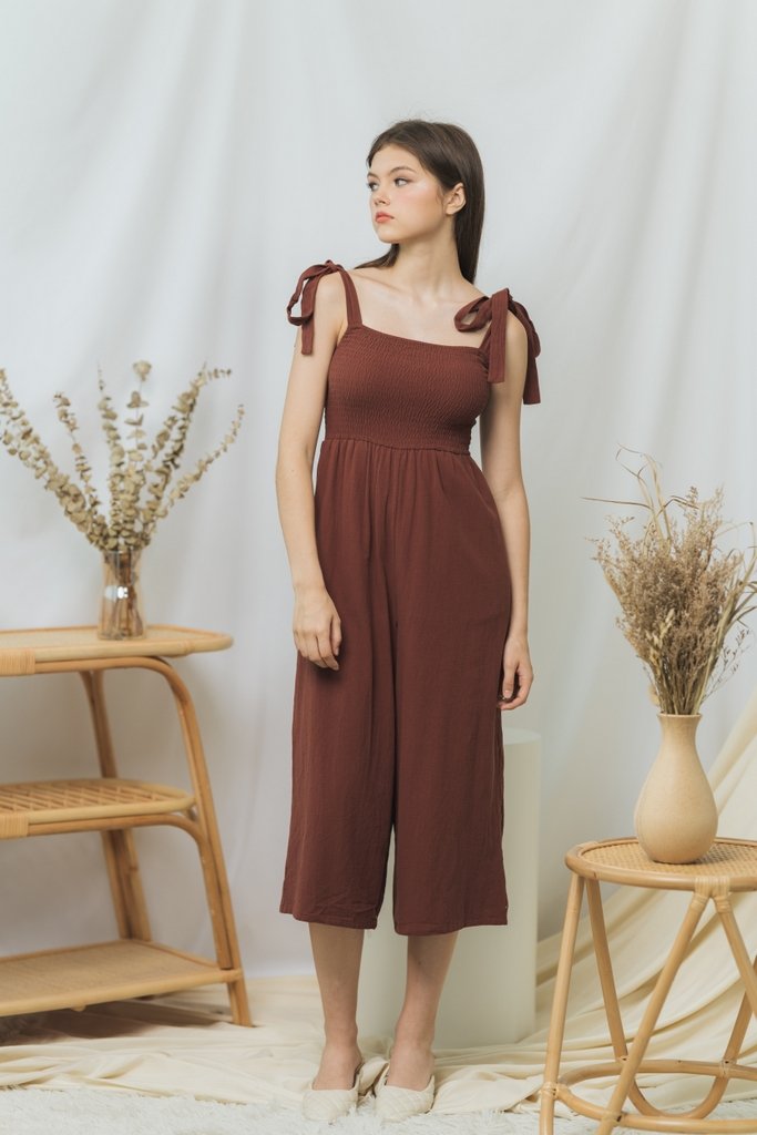 Fiona Smocked Self Tie Jumpsuit in Brown (XS)