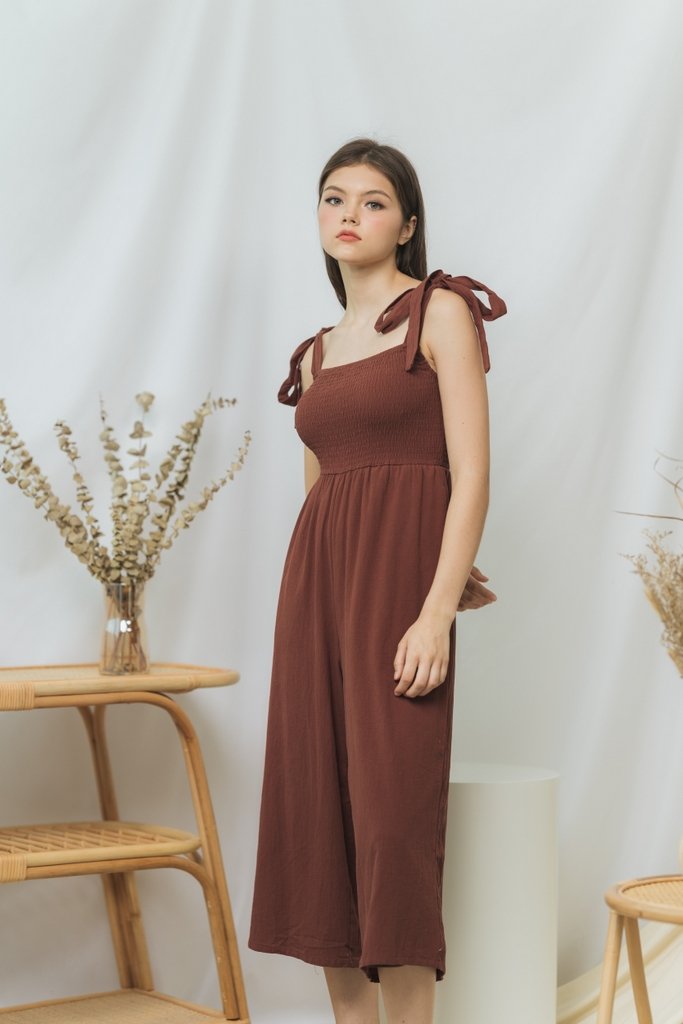 Fiona Smocked Self Tie Jumpsuit in Brown (XS)