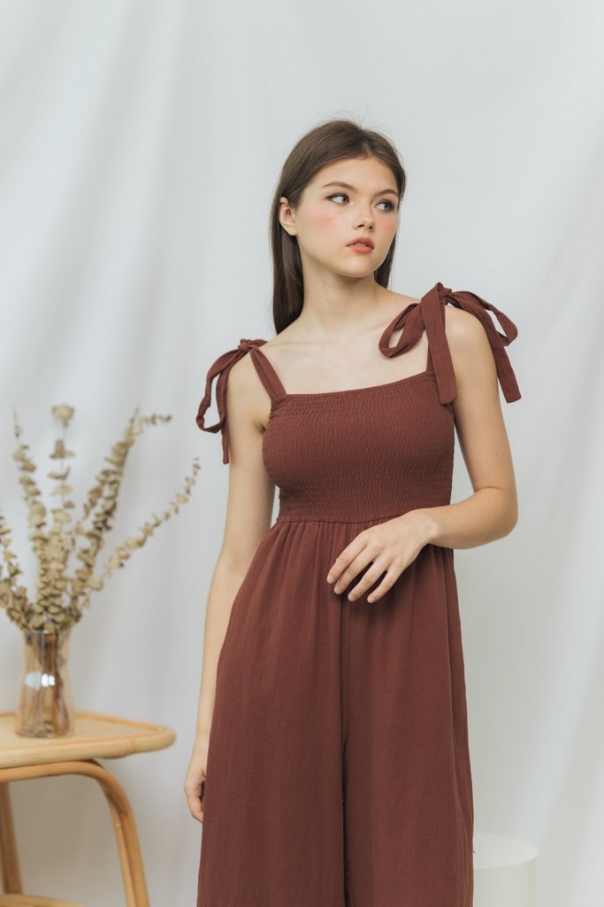 Fiona Smocked Self Tie Jumpsuit in Brown (XS)