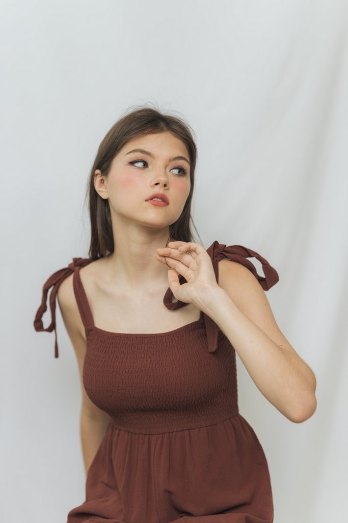 Fiona Smocked Self Tie Jumpsuit in Brown (XS)