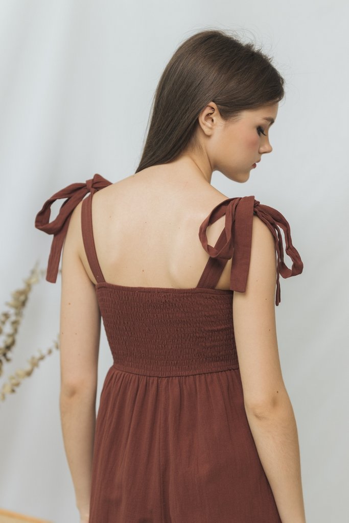 Fiona Smocked Self Tie Jumpsuit in Brown (XS)