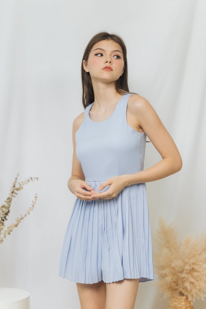 Lavonna Pleated Dress Romper in Baby Blue