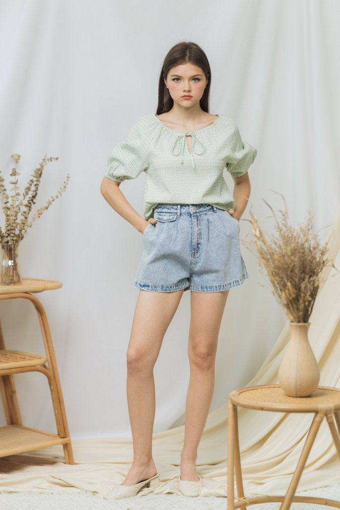 Dorothy Checkered Drawstring Top in Green (XS)