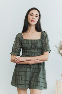 Joyice Eyelet Romper in Olive (XS)