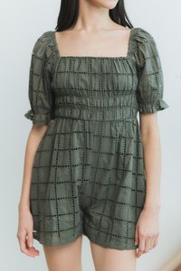 Joyice Eyelet Romper in Olive (XS)
