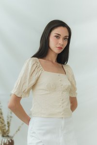 Zooey Broidery Puffy Sleeves Top in Cream (XS)
