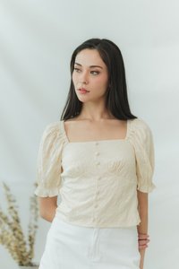 Zooey Broidery Puffy Sleeves Top in Cream (XS)