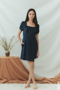 Xylie Cotton Square Neck Overlap Dress in Navy (XS)