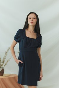 Xylie Cotton Square Neck Overlap Dress in Navy (XS)