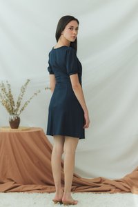 Xylie Cotton Square Neck Overlap Dress in Navy (XS)