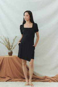 Xylie Cotton Square Neck Overlap Dress in Black (XS)