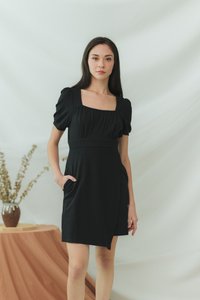 Xylie Cotton Square Neck Overlap Dress in Black (XS)