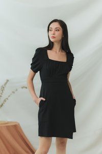 Xylie Cotton Square Neck Overlap Dress in Black (XS)