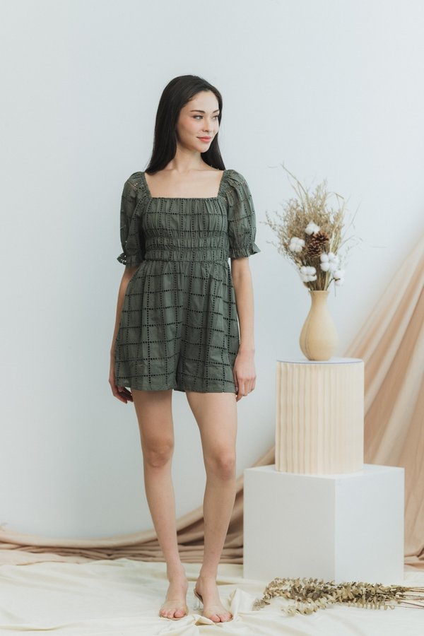 Joyice Eyelet Romper in Olive (XS)