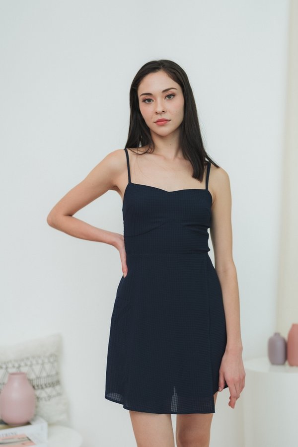 Delancy Cami Textured Dress Romper in Navy (XS)