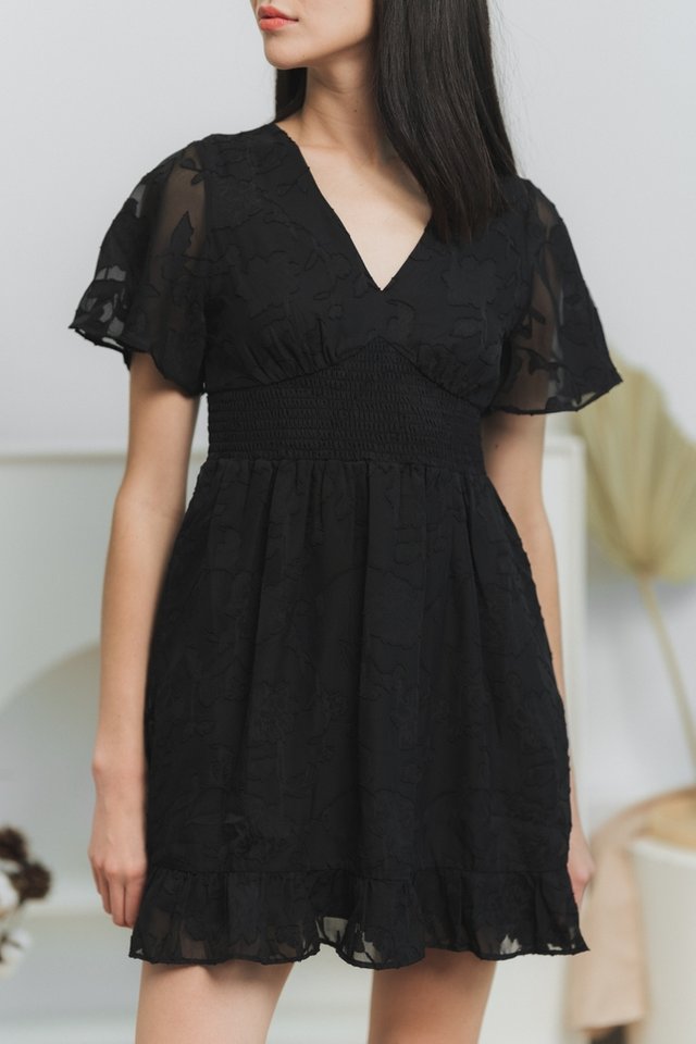 Eimon Textured Smocked Dress in Black